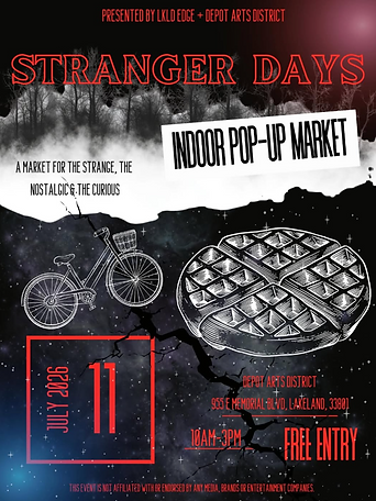 Stranger Days retro horror pop-up market flyer in Lakeland FL with nostalgic vintage artwork and free entry.