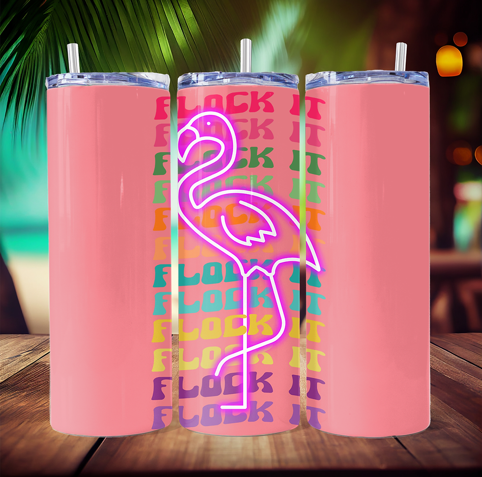 Neon flamingo 20oz tumbler with funny “Flock It” design, insulated travel cup, tropical pink drinkware