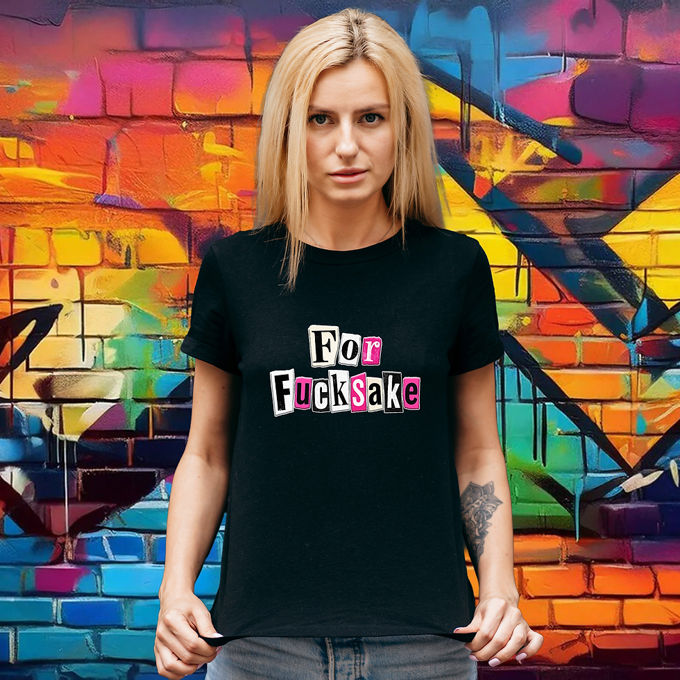 Black Fucksake graphic t-shirt with pink and white alternative lettering