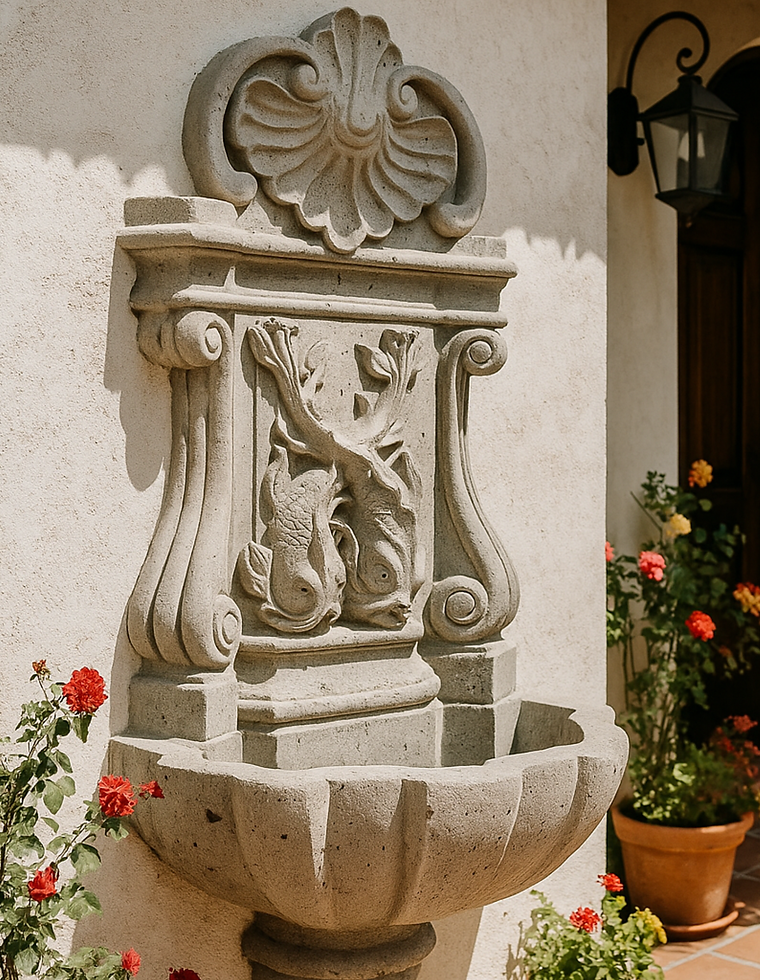 Fuente de pared detallada con peces y concha cantera gris.png
