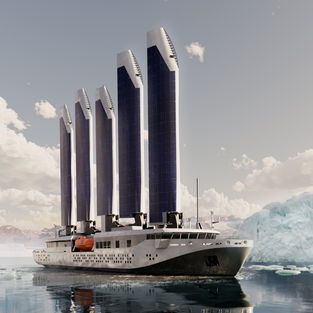 Selar ship with icebergs in the background