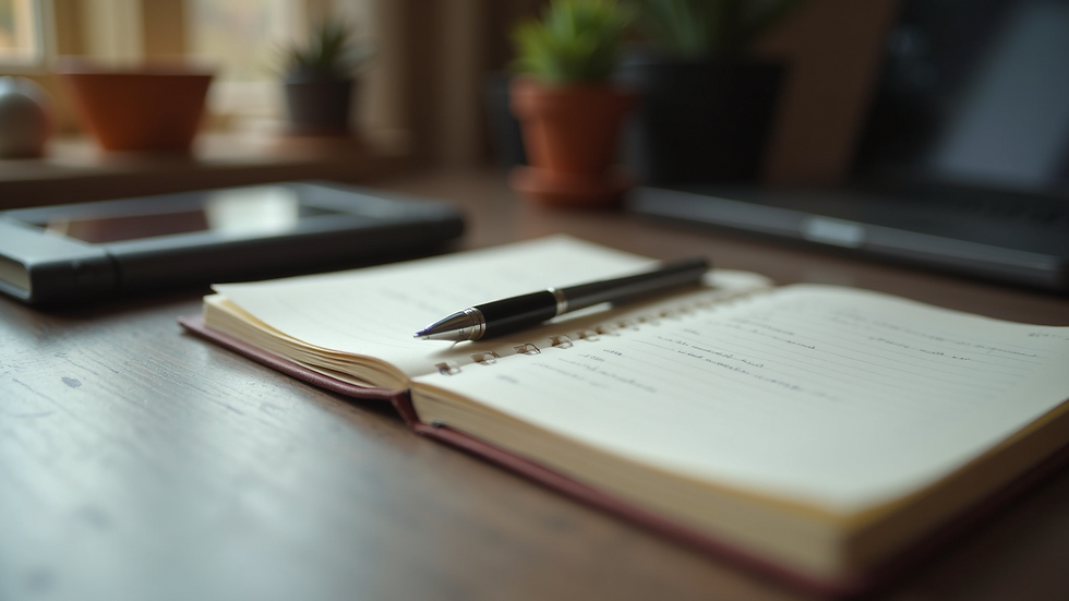 Eye-level view of an open journal with a pen resting on the page
