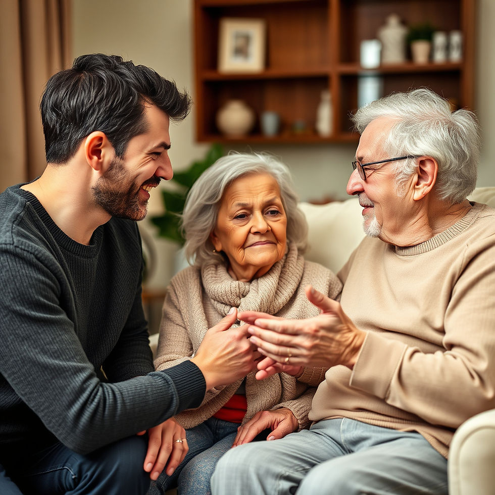 A family discuss home care options together at home on their sofa.