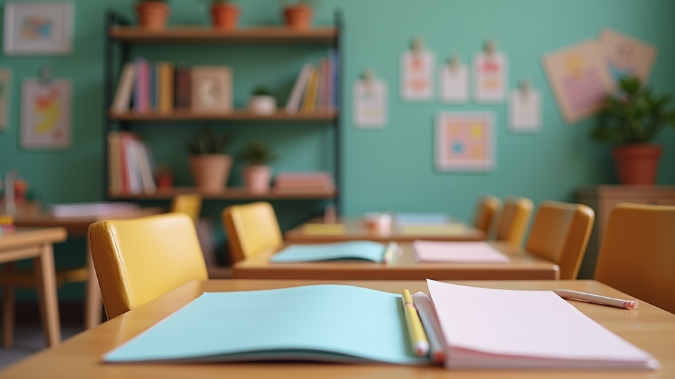 Vista frontal de uma mesa com materiais escolares coloridos organizados para uma criança autista