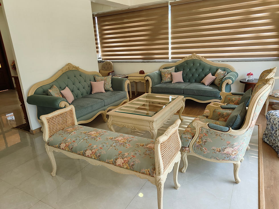 Elegant Victorian Floral Tufted Sofa Set from Woods Decor, featuring intricate floral patterns and plush tufting for a luxurious and timeless living space.