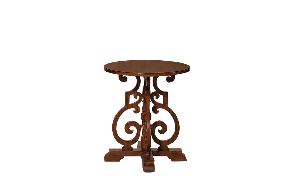 Elegant Ornate Scrollwork Pedestal Table from Woods Decor, featuring intricate scrollwork details and a sophisticated design, perfect for enhancing any space.