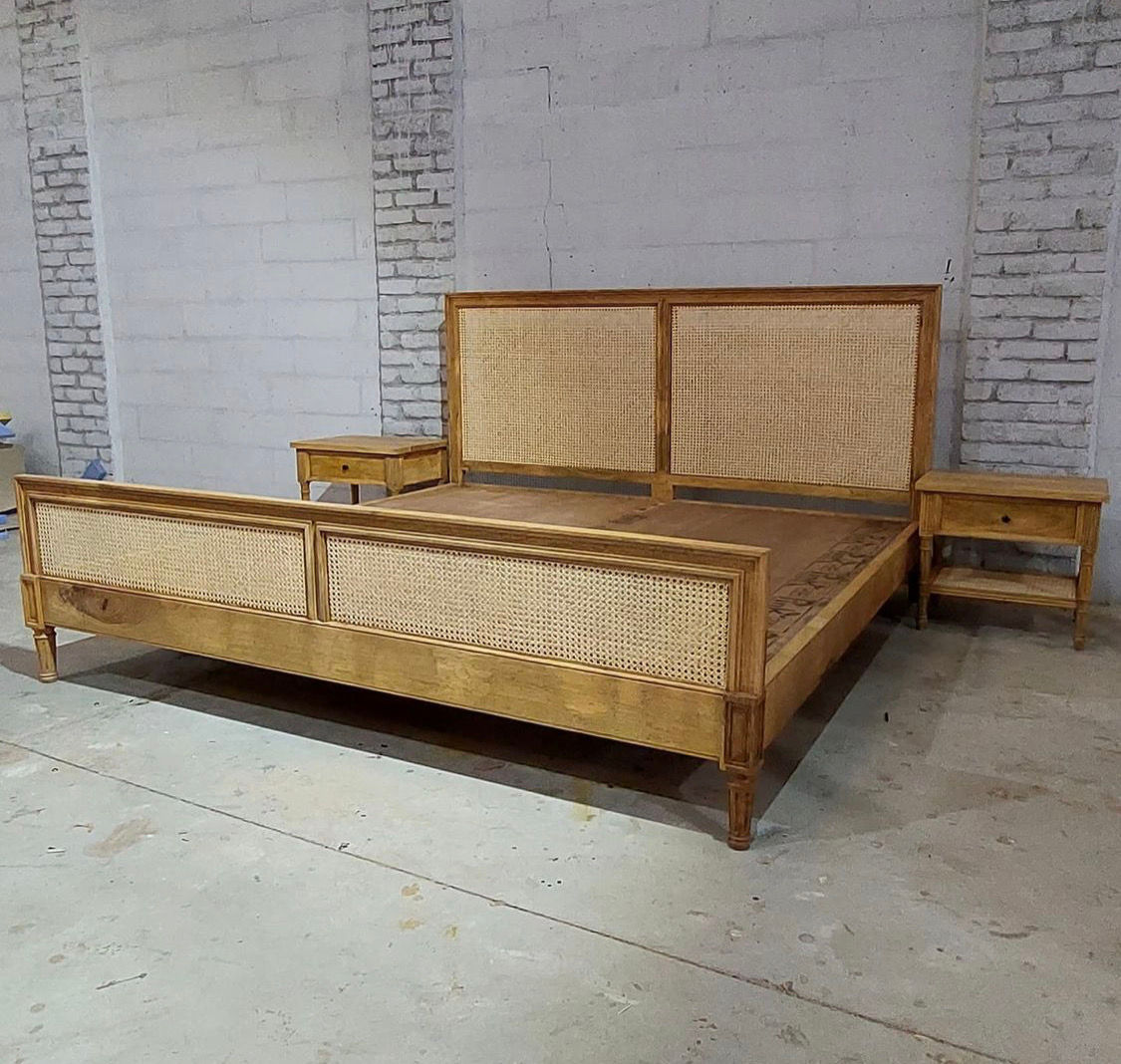 Charming Rustic Cane Panel Bed from Woods Decor, featuring natural cane detailing and a warm wood finish, perfect for adding a cozy touch to any bedroom.