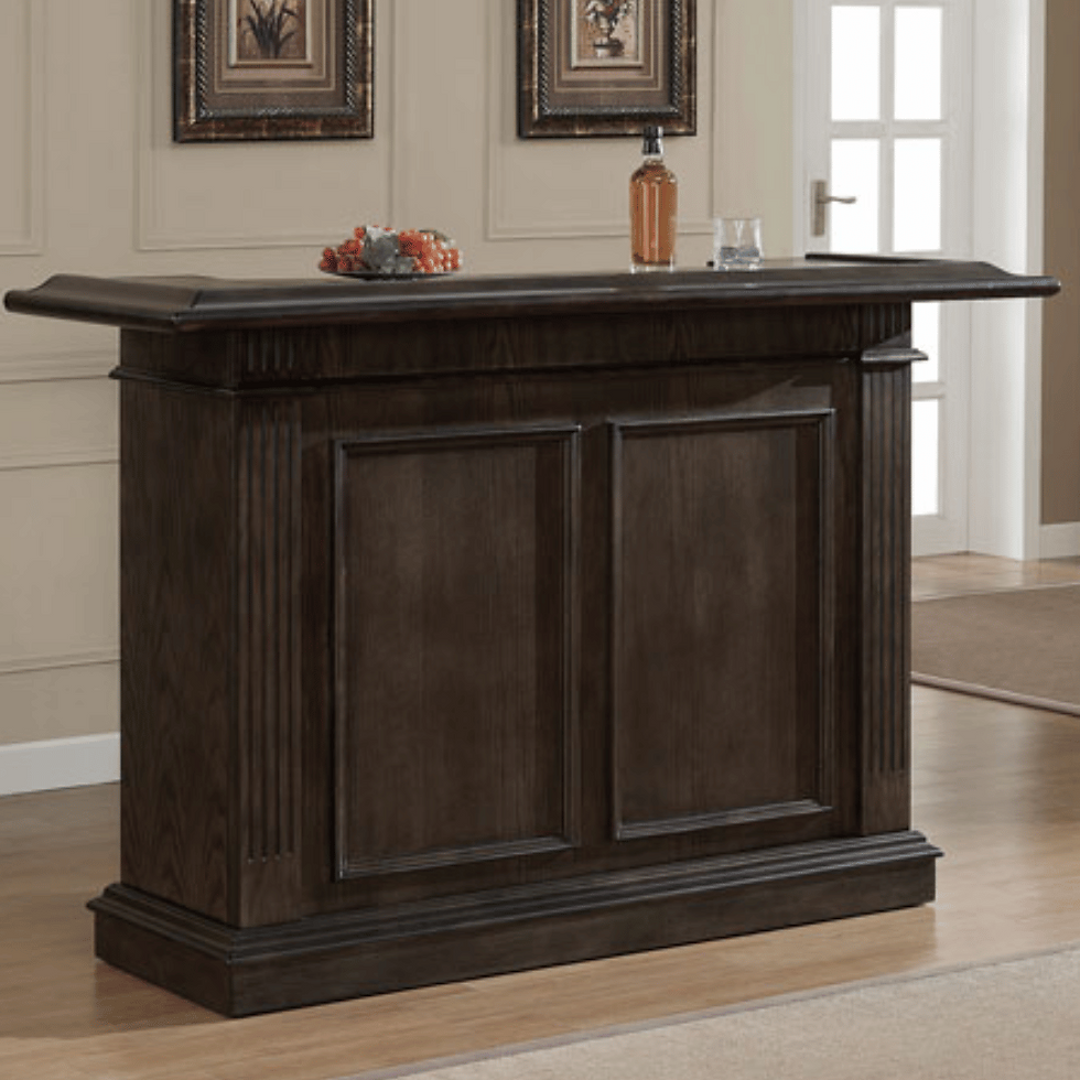Luxurious Ebony Regent Bar Cabinet with a sleek black finish, ornate detailing, and gold hardware, offering ample storage for bottles, glassware, and bar essentials, ideal for sophisticated home entertaining.