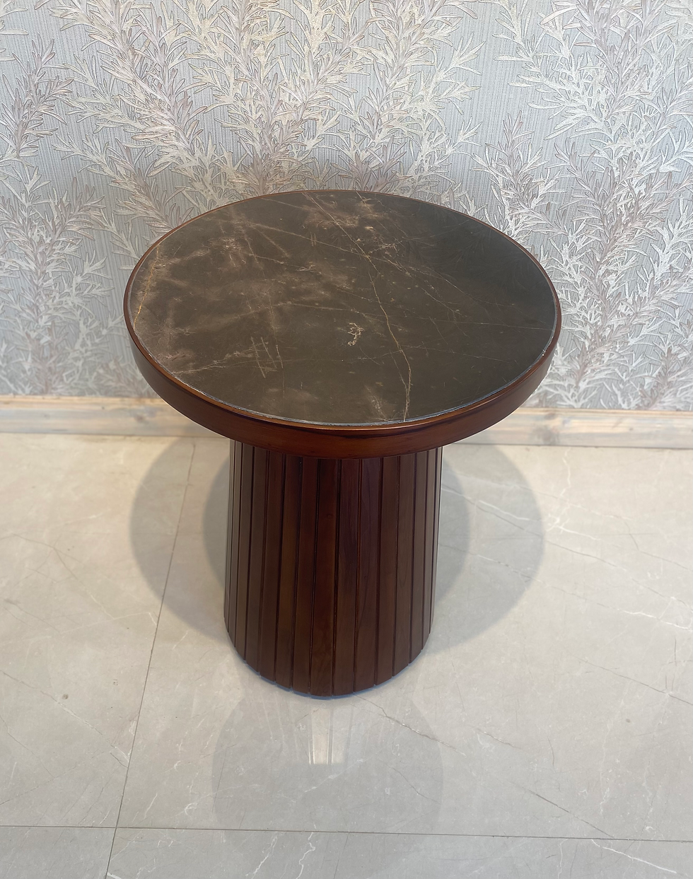 Stylish Contemporary Marble-Top Pedestal Table from Woods Decor, featuring a sleek design and luxurious marble finish, ideal for modern dining spaces.