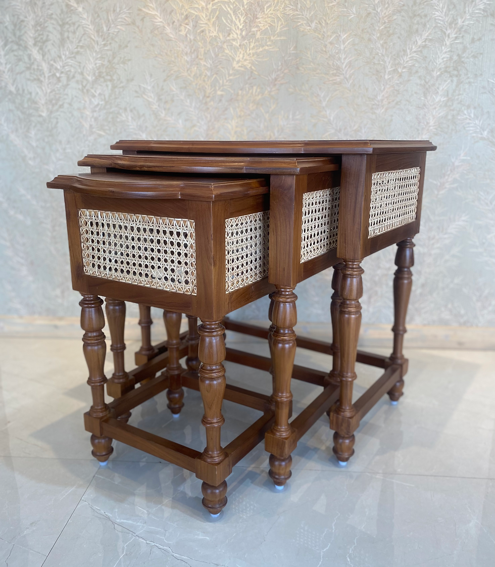 Charming Colonial Nesting Cane Tables from Woods Decor, featuring intricate cane detailing and a classic design for versatile functionality.