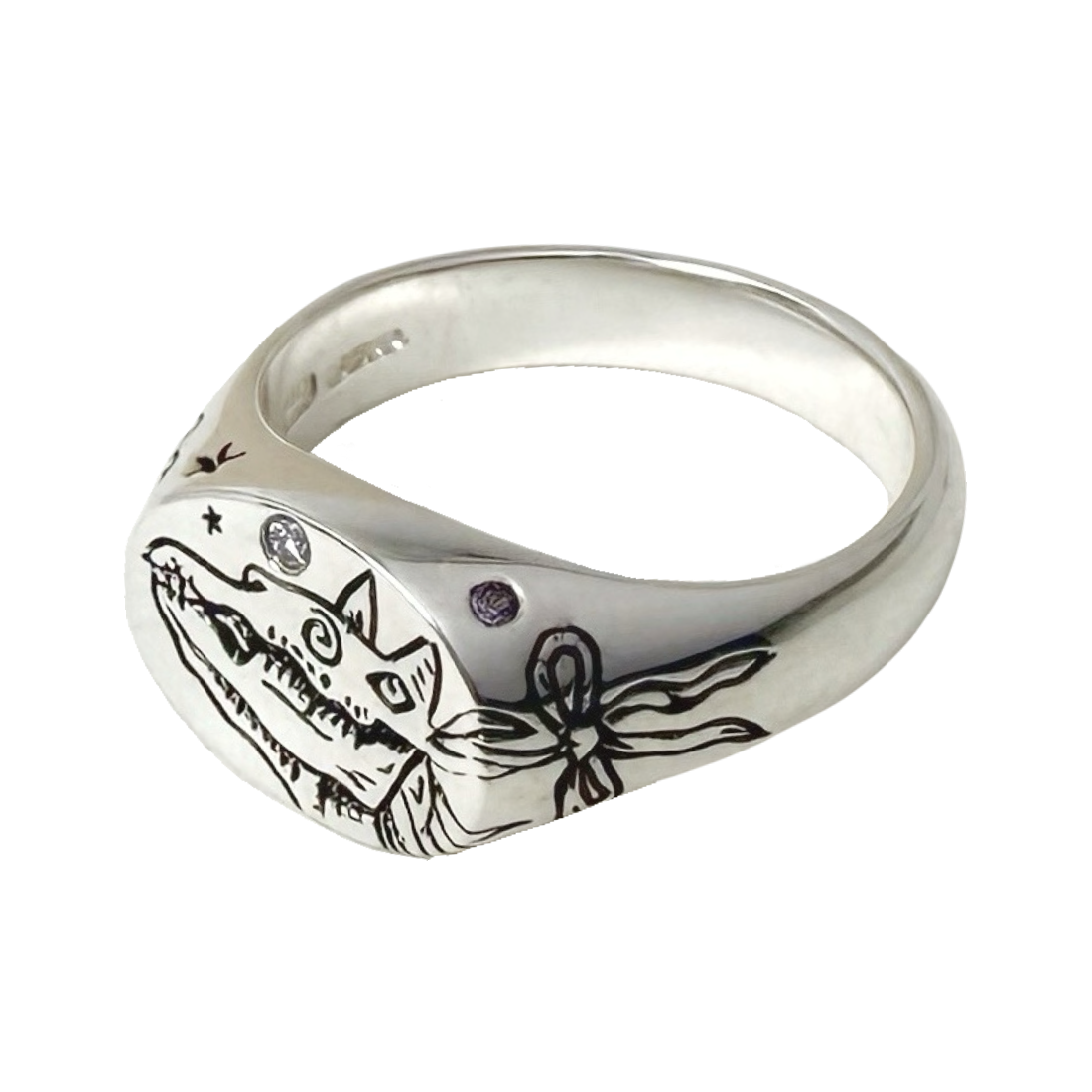 Diamond, Blue + Purple Sapphire set Mari Lwyd Ring Silver + Black Rhodium