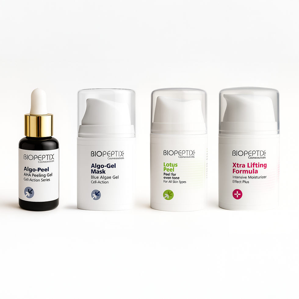 Set 3 סט של ארבעה מוצרים של BIOPEPTIX: ג׳ל פילינג AHA, מסכת אצות כחולות, פילינג לוטוס לגוון עור אחיד
