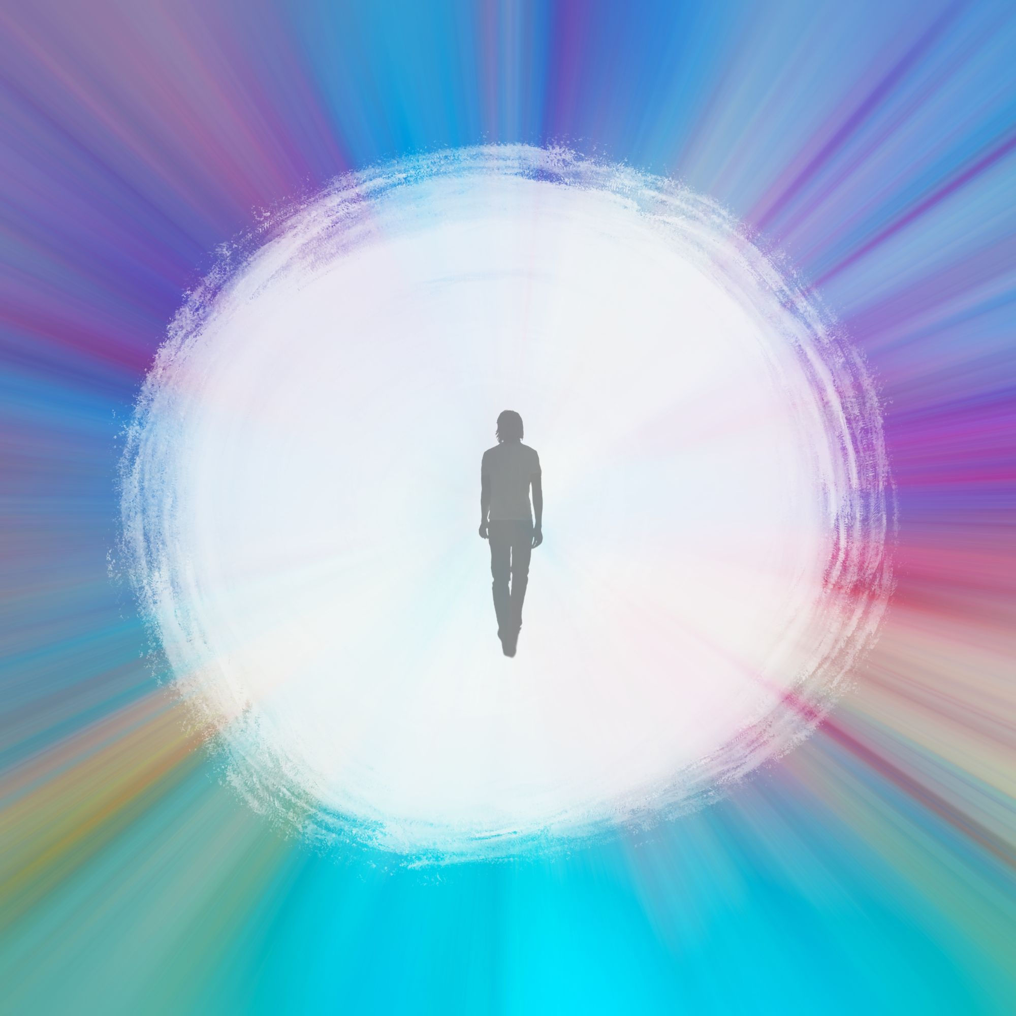 Colorful starburst background with purple circle and silhouette of person in front