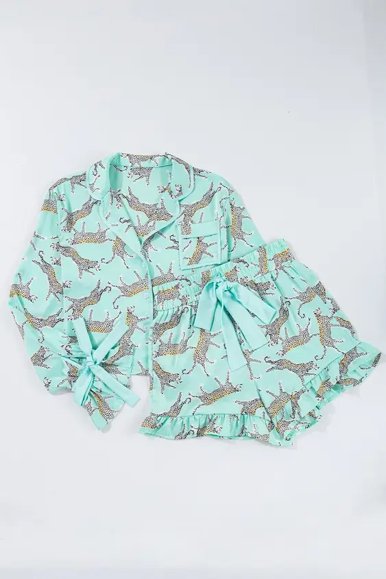 Thumbnail: Printed Satin Long Sleeve Top and Shorts Pajama Set