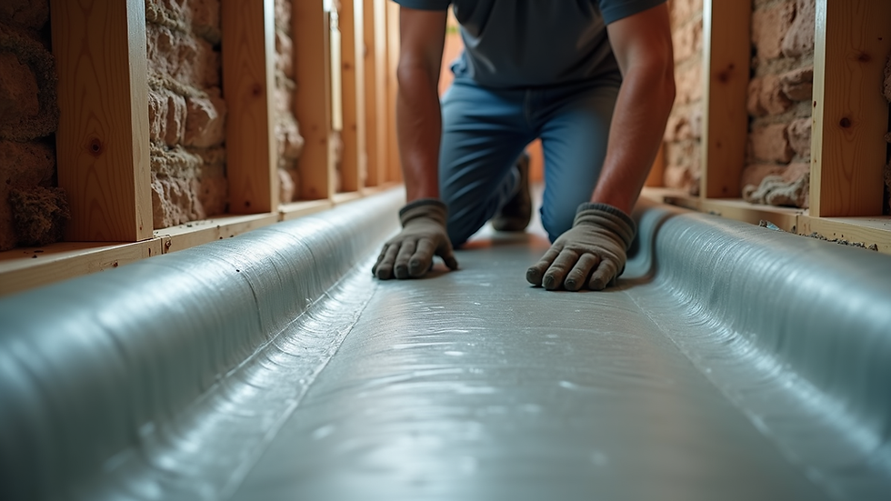 Eye-level view of a homeowner laying vapor barrier sheets in a crawl space