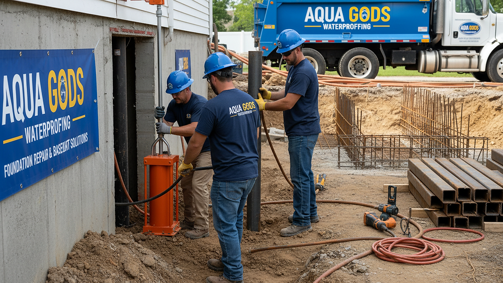 Close-up view of foundation repair workers installing support piers