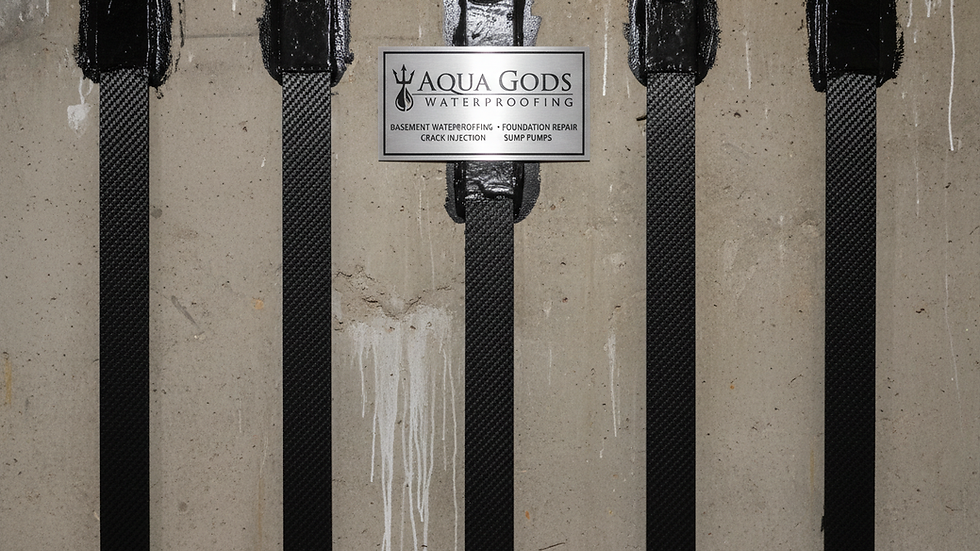 Close-up view of carbon fiber straps applied to basement wall