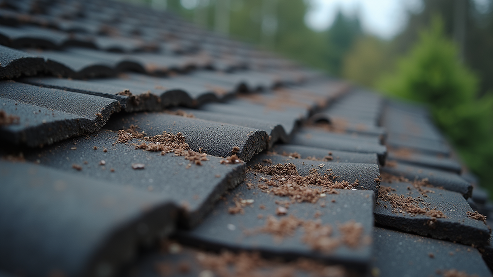 Close-up view of roof shingles with visible damage