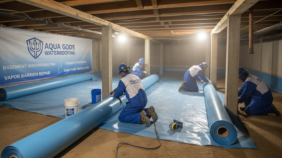 Eye-level view of crawl space with vapor barrier installation in progress