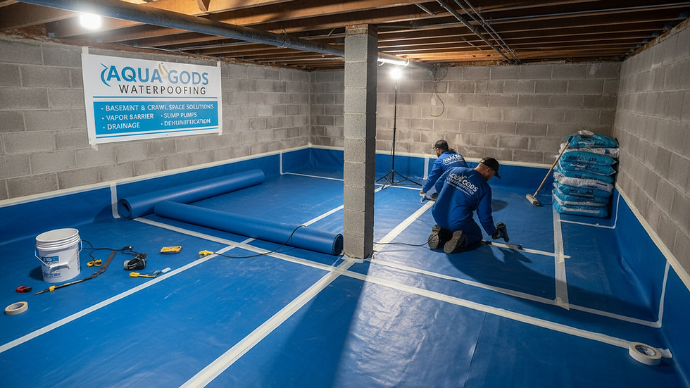 Eye-level view of crawl space with vapor barrier installation in progress