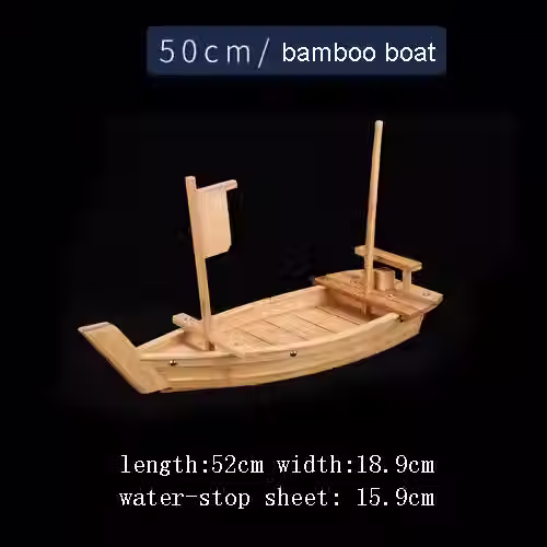 wooden sushi boat on black background