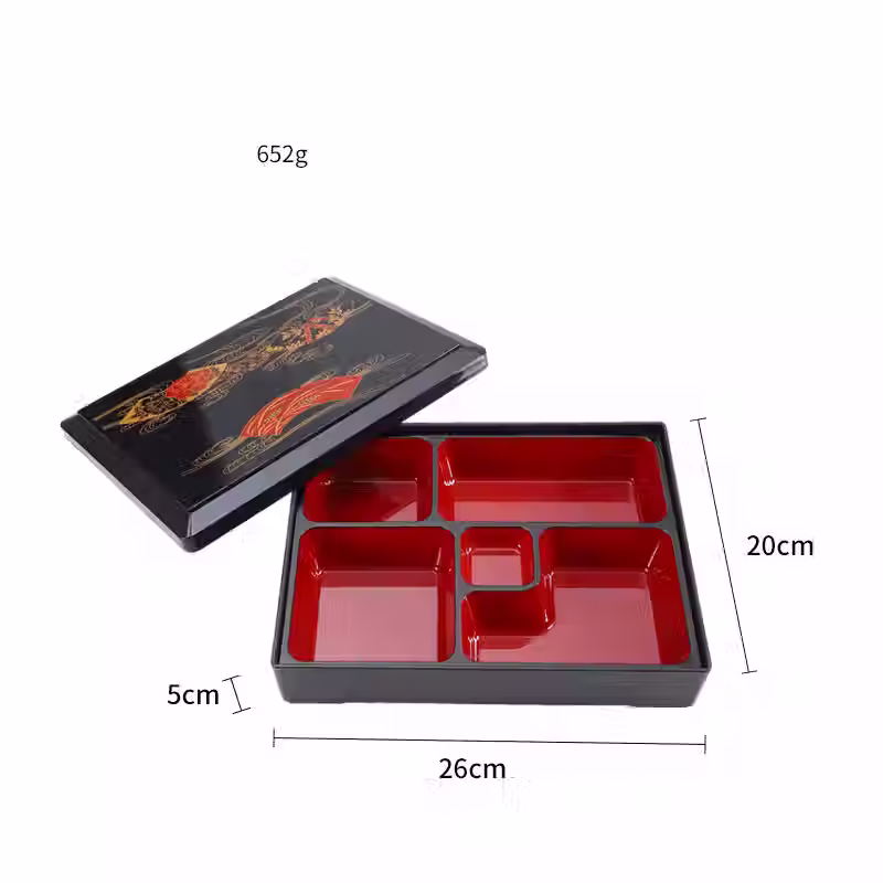 black bento box with five compartments red color inside