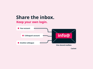 Separate work accounts connect to one shared info@ mailbox: share the inbox while keeping your own login.