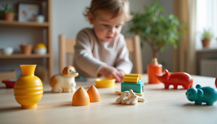 Eye-level view of a child’s play area with an open FTG Sensory Box and scattered sensory materials