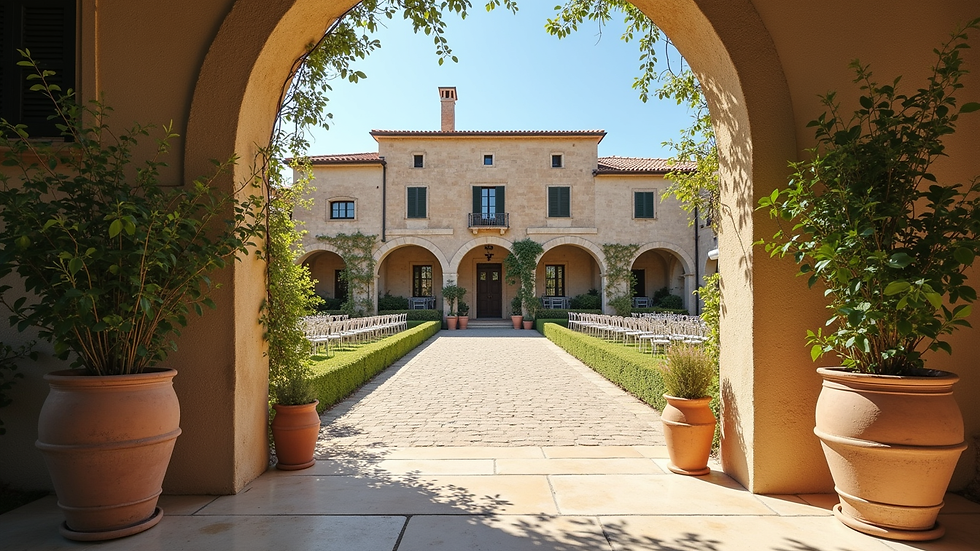 Eye-level view of a traditional Puglian masseria decorated for a wedding
