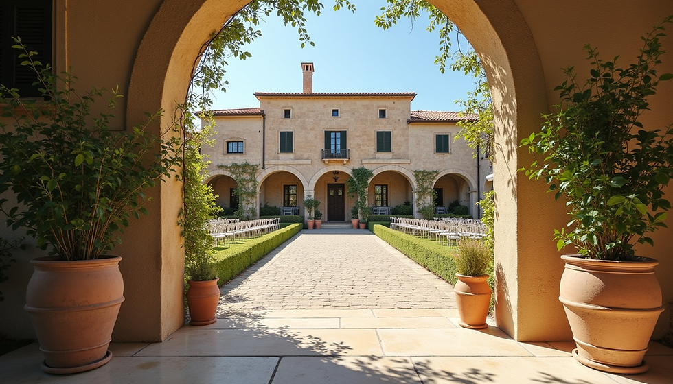 Eye-level view of a traditional Puglian masseria decorated for a wedding