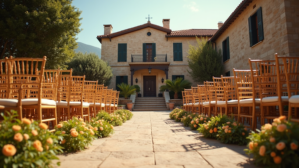 Eye-level view of a rustic Italian villa decorated for an Indian wedding