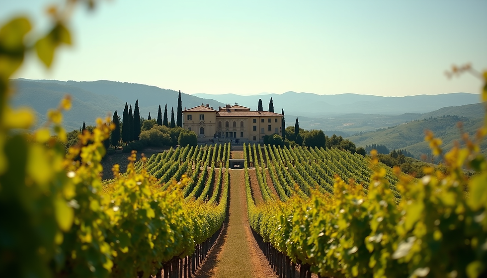 Wide angle view of a Tuscan villa surrounded by vineyards