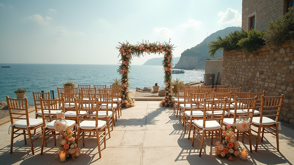 High angle view of a seaside wedding setup with floral decorations in Puglia