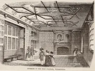 Vintage engraving of theStar Chamber interior showing timber floor, leadedwindows, stone fireplace and star-decorated ceiling, hence the name