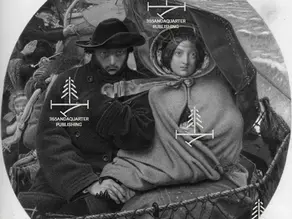 A black-and-white animated version of the painting The Last of England shows a man and woman seated closely together in a small boat on rough seas. The man, wearing a dark coat and wide-brimmed hat, looks ahead with a solemn expression, while the woman, wrapped in a hooded cloak, gazes to the side. Subtle animation brings the figures to life with gentle eye, head, and facial movements as the camera slowly zooms in, emphasizing their quiet, reflective expressions against the wind-swept seascape.