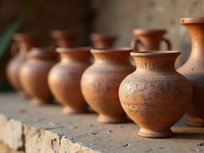 Lines of ancient Greek pottery vessels displaying early decoration