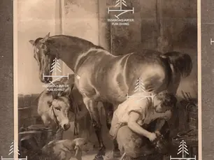 Blacksmith bends to shoe a sleek black horse in Landseer's famous painting