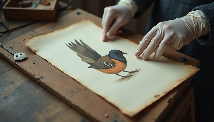 High angle view of a conservation expert carefully handling an antique bird print with gloves