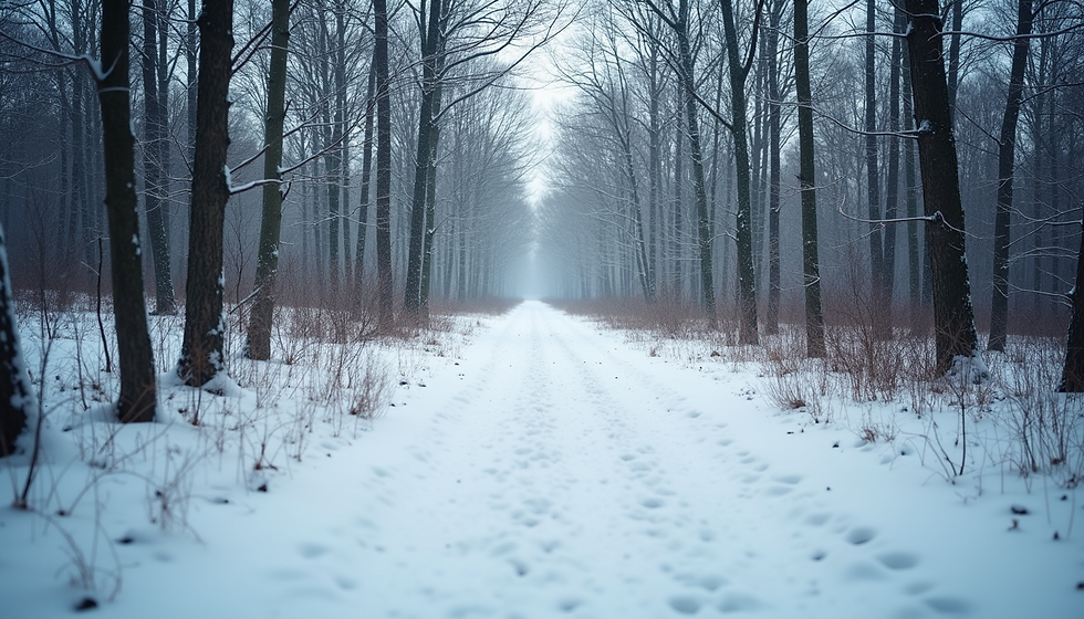A snow-covered track through trees in winter sunlight