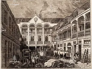 Black and white engaving of the Old Blue Boar inn at Holborn London, showing courtyard with people inGeorgian dress, fancy carriages and cases covered by a tarpaulin bearing the word YORK