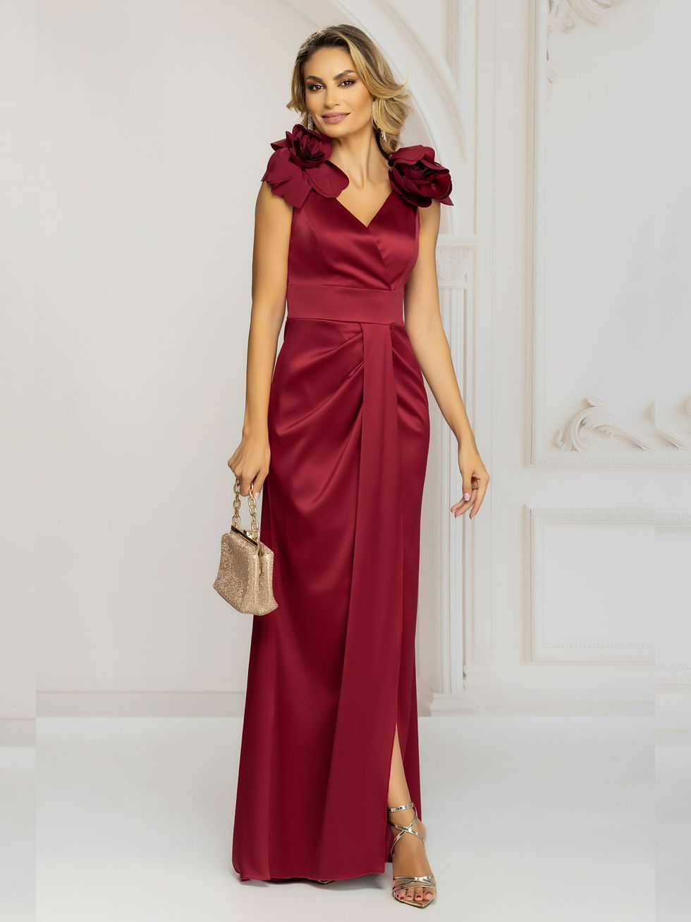 Thumbnail: Bordeaux Maxi Dress with Wrap Design and Removable Shoulder Flowers