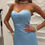 Thumbnail: Blue Taffeta Dress, Accessorized with Pearls and Lace Skirt 