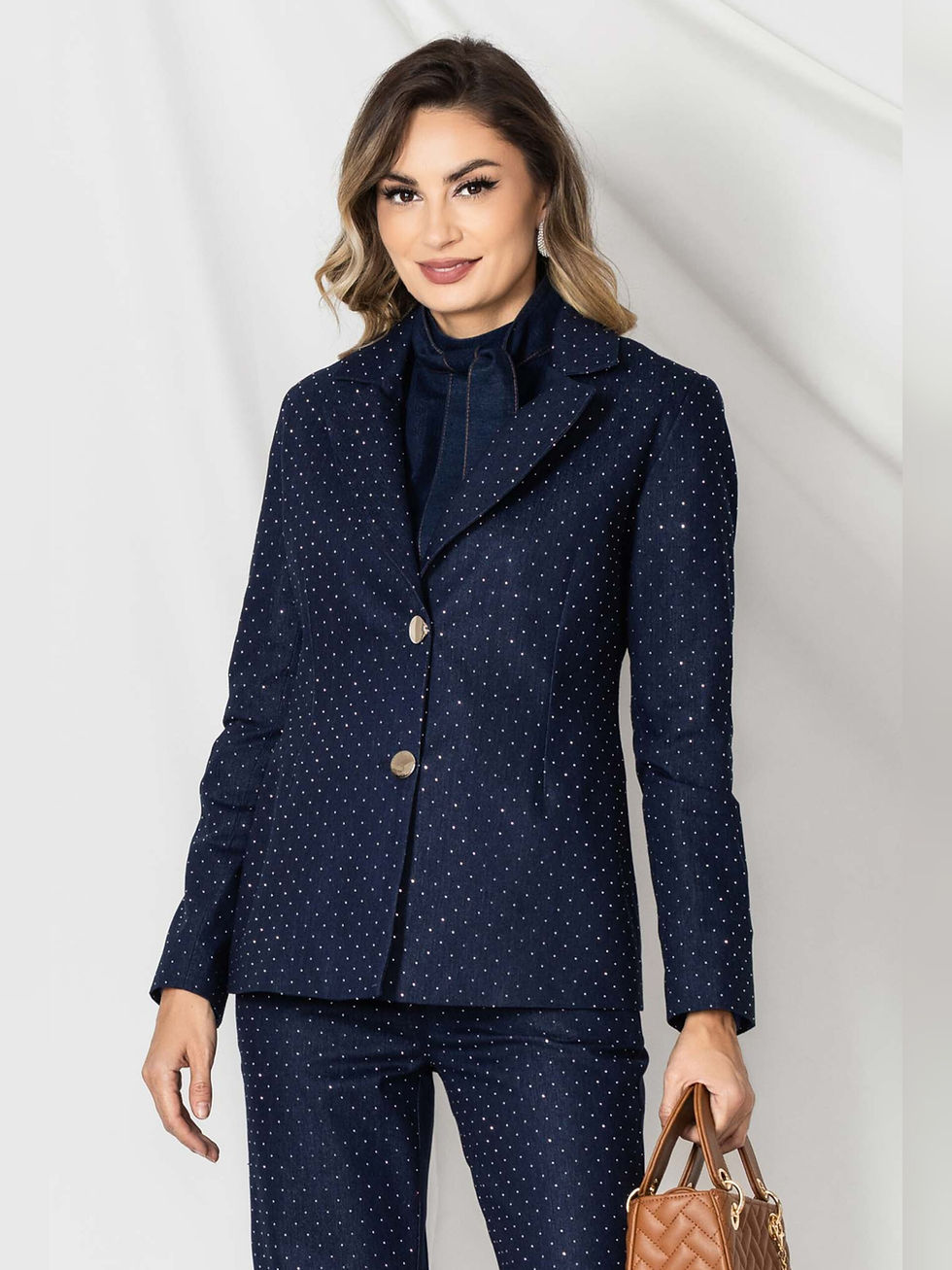 Thumbnail: Navy Blue Denim Two-Piece Suit with Rhinestone Appliqués