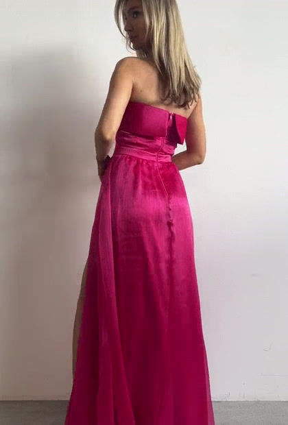 Thumbnail: Fuchsia Pink Maxi Dress, Made of Slightly Pleated Veil, Bust Band