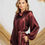 Thumbnail: Metallic Bordeaux Satin Blouse, High Collar with Maxi Scarf