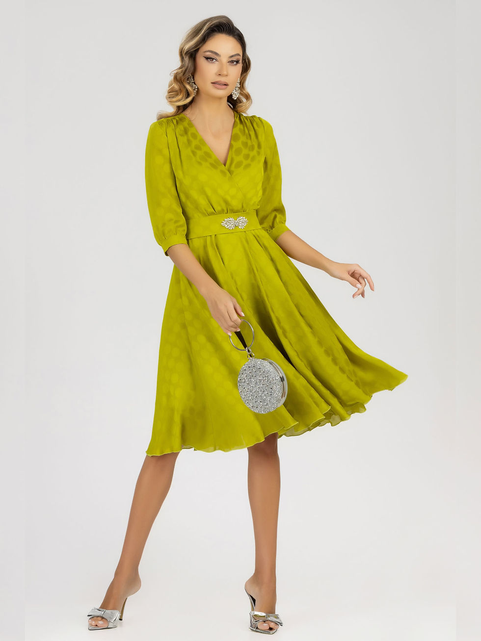 Thumbnail: Lime Veil Midi Dress with Subtle Polka Dot Pattern