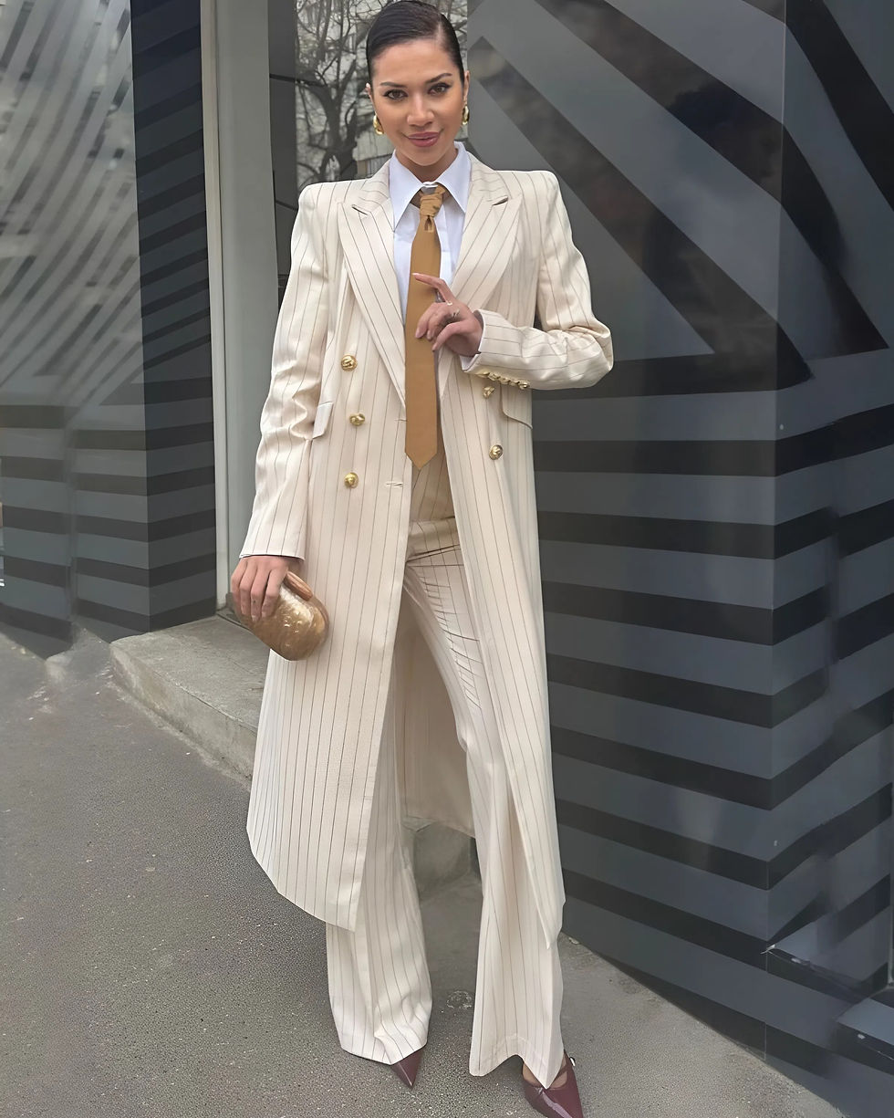 Nina Covaci Beige Pinstripe Two-Piece Suit with Long Blazer and Flared Trousers