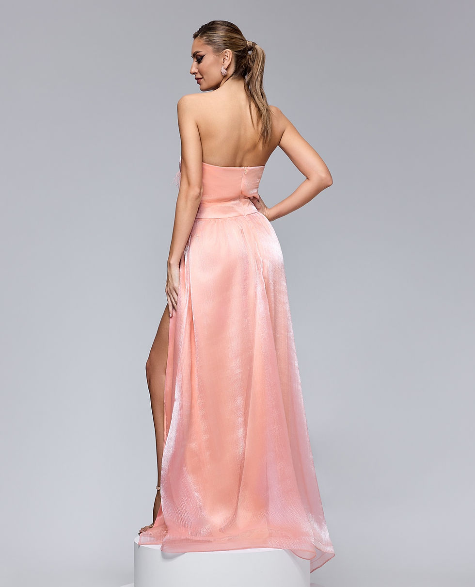 Thumbnail: Petal Pink Maxi Dress, Accessorized with Feathers, Bust with Lace Inserts