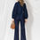 Thumbnail: Navy Blue Denim Blouse with Long Puff Sleeves and Detachable Scarf 