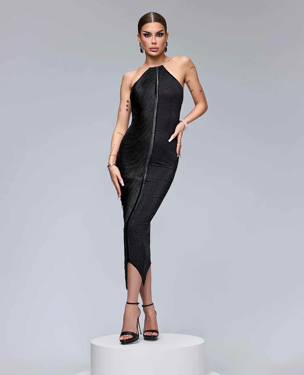 Black Longuette Dress, Accessorized with Fringes and Pebbles SP24-R35